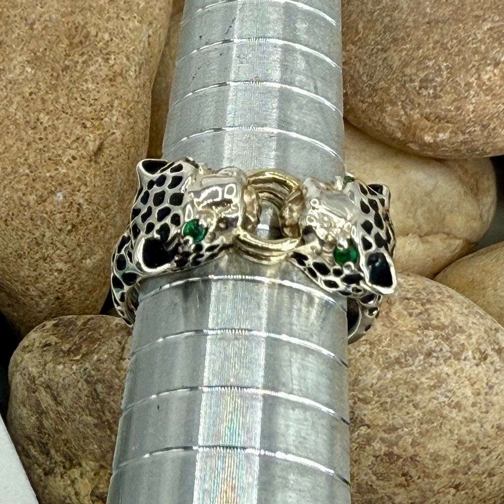 JED Joseph DeMarco Double Panther Ring 925 Sterling Genuine Emerald Eyes Sz 8 - Picture 14 of 16